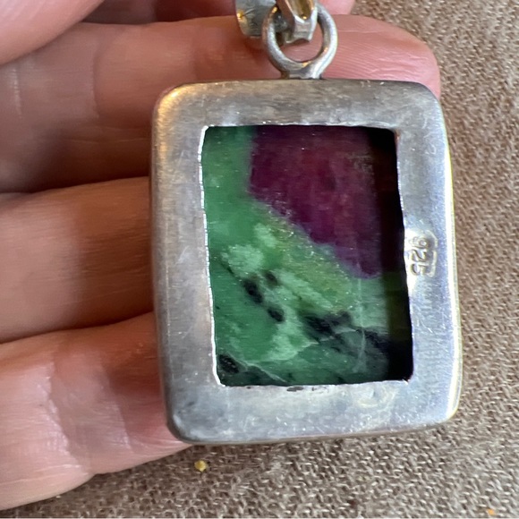 Vintage, rectangular, genuine, ruby in zoisite sterling silver, 925 pendant - Picture 5 of 7